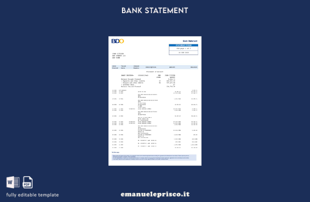 modello di versione word dell'estratto conto dell'estratto conto bancario BDO de